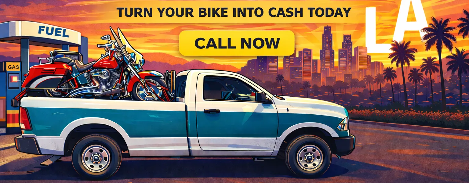 Illustration of a pickup truck carrying motorcycles past a gas station in Los Angeles at sunset
